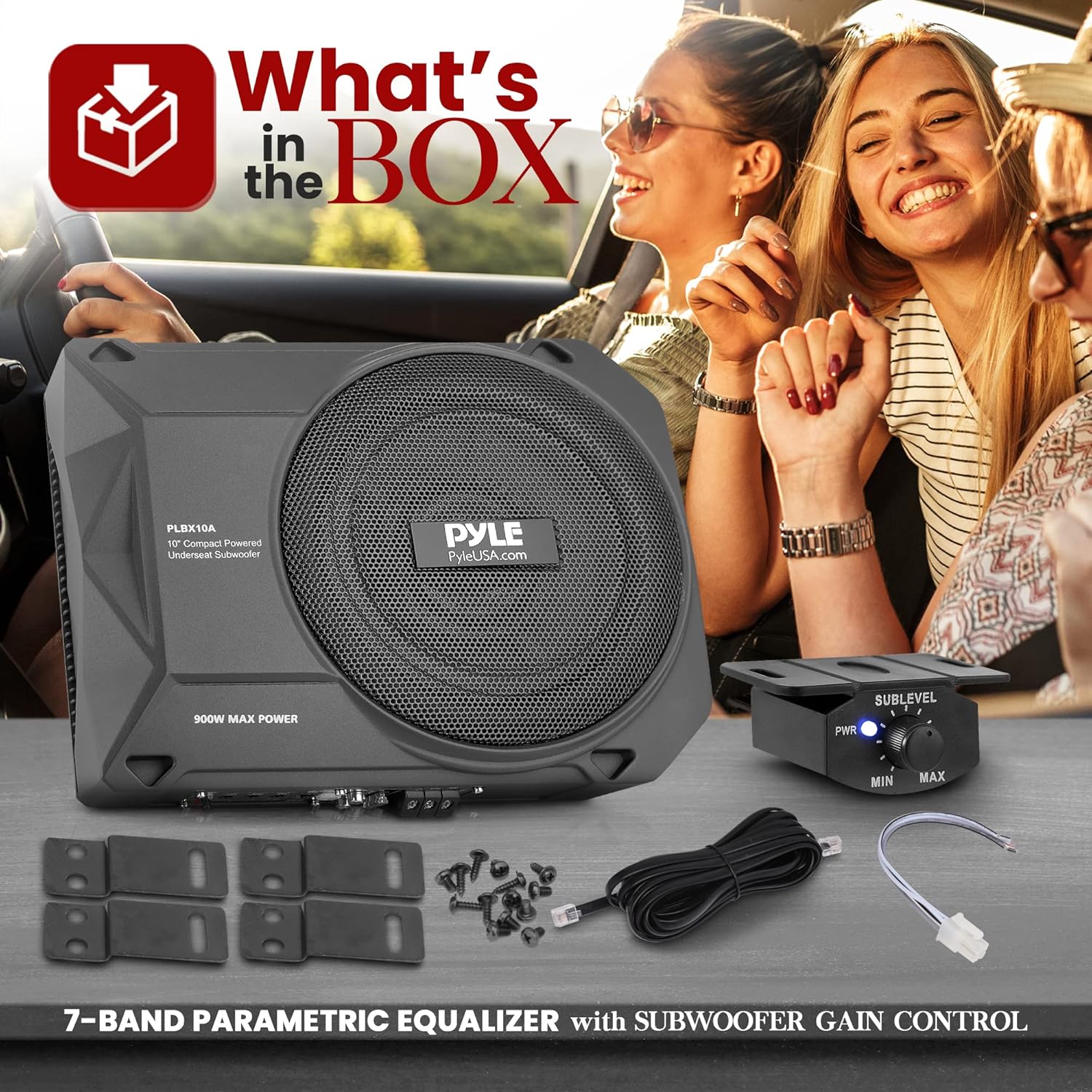 Pyle 10-Inch Low-Profile Amplified Subwoofer System - 900 Watt Compact Enclosed Active Underseat Car Audio Subwoofer with Built-in Amp