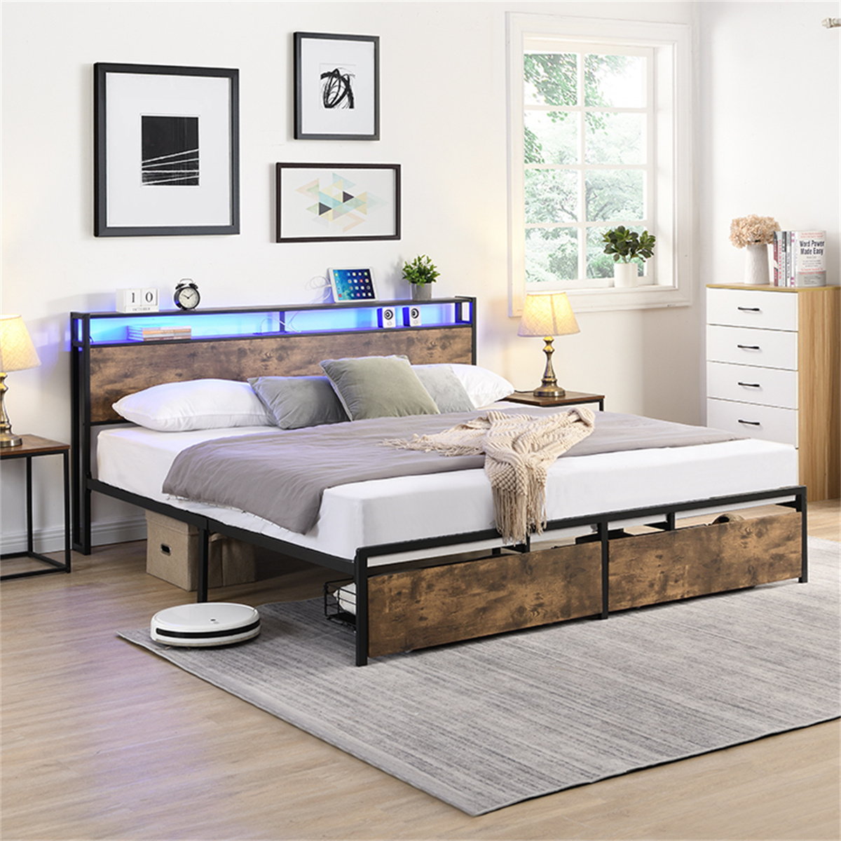 Full Bed Frame, Storage Headboard with Charging Station, Solid and Stable, Noise Free, No Box Spring Needed, Easy Assembly