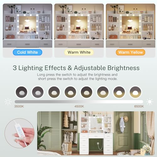 Vanity Desk with Mirror and Lights, Power Outlet, Makeup Vanity with 9 Drawers & 6 Open Storage Shelves, 3 Lighting Modes Brightness Adjustable, White