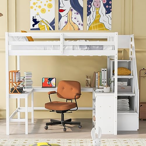 Full Size Loft Bed with Desk & Wardrobe, Solid Wood Kids Loft Bedframe w/3 Storage Drawers & 2 Shelves, Maximum Space Design, for Bedroom, Dorm, Gray