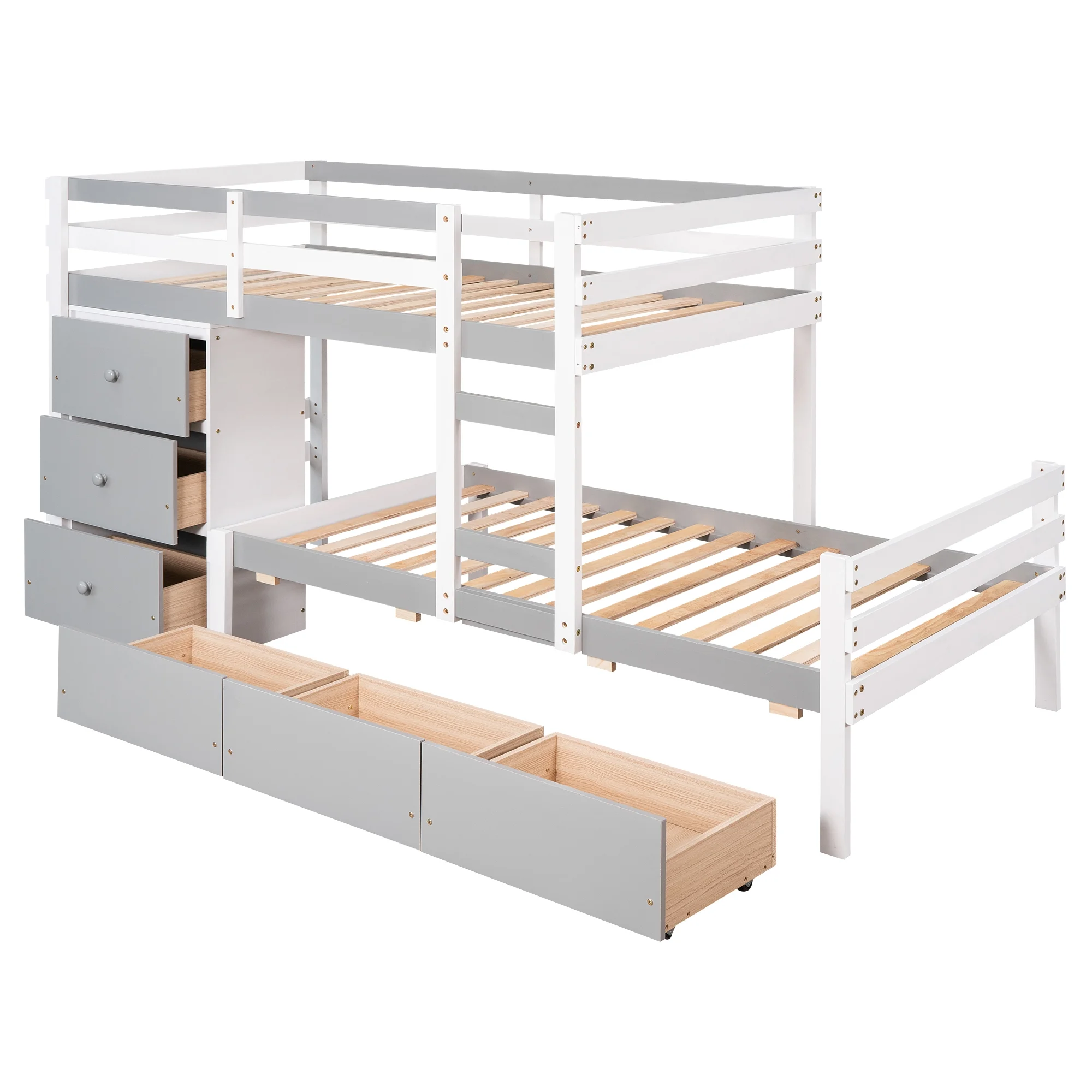 Euroco Twin over Twin Bunk Bed with Six Drawers for Kids Room, Gray