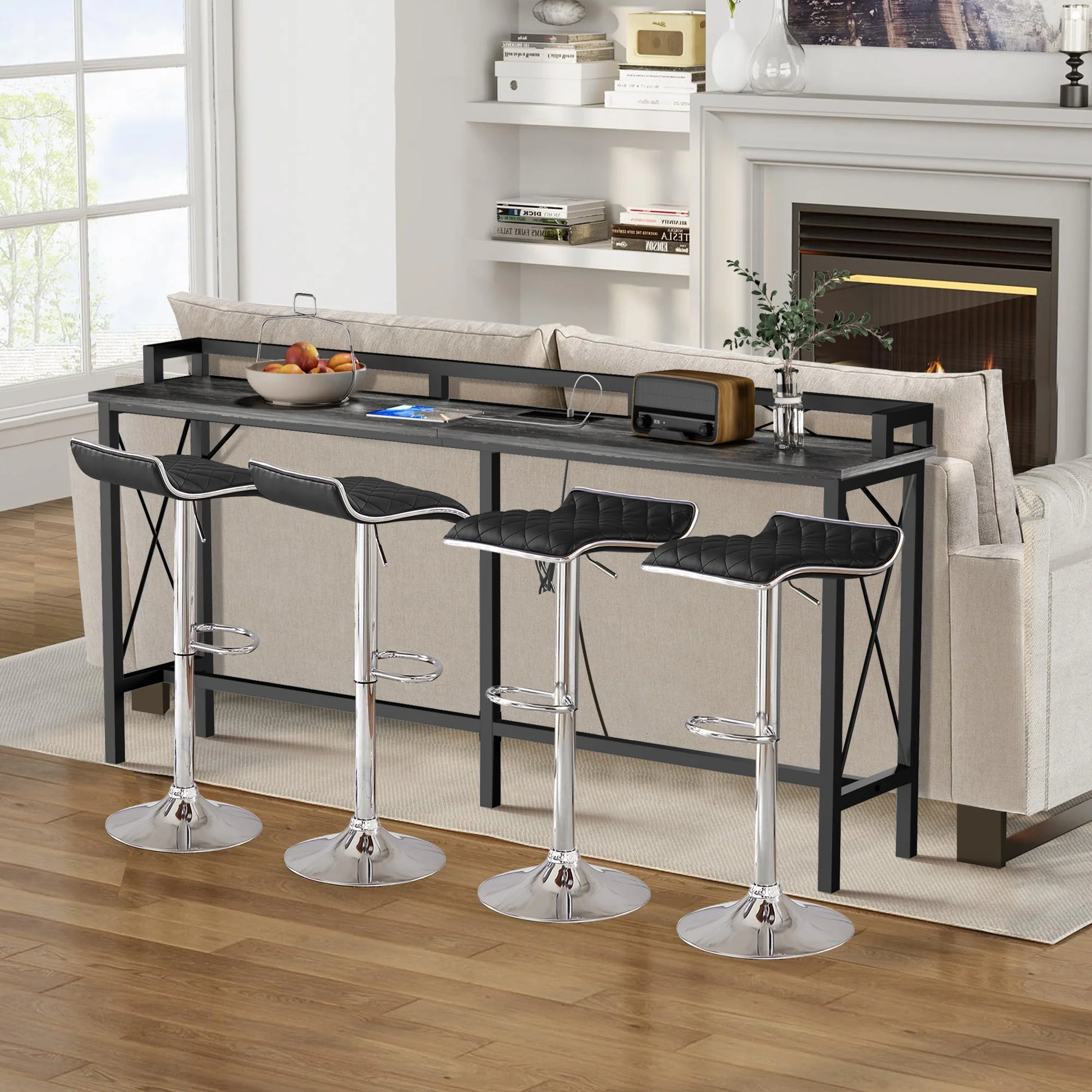 VECELO 5-Piece Console Table and Stool Set, 70.9" Sofa Table with USB Charging Station and 4 Adjustable Swivel Chairs, Set of 5, Black