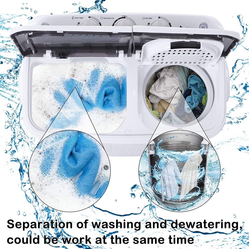 Portable Mini Twin Tub Washing Machine, Laundry Machine with Drain Pump, Semi-automatic 7.7lbs Washer 6.6lbs Spinner Combo for Dorms, Apartments, RVs