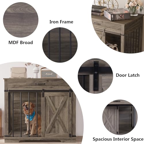 Aoowow Large Double Dog Crate Furniture 72.4" Indoor Dog Kennel with Sliding Barn Door and Divider