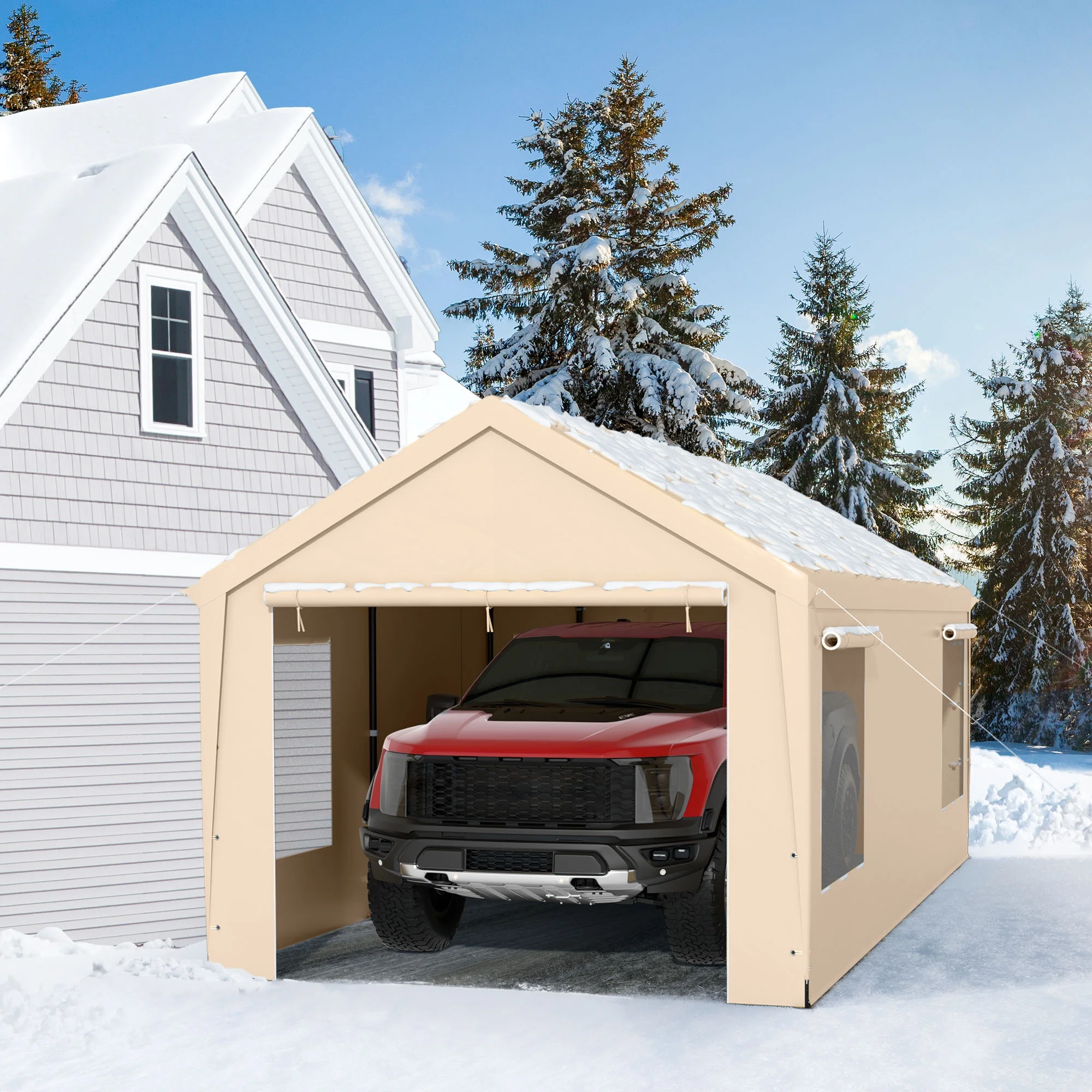 SERWALL 12 x 20 ft Heavy Duty Steel Car Carport Canopy Tents with Window for Outside Party, Beige