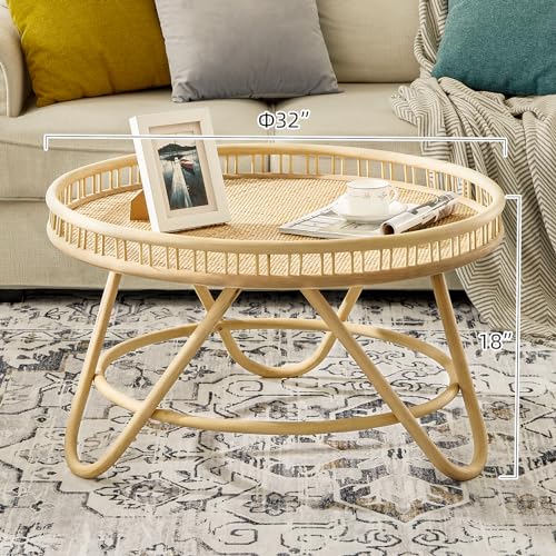 FINECASA Round Rattan Coffee Table, 32'' Wicker Boho Hand-Woven Top