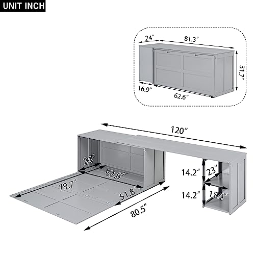 Full Size Murphy Cabinet Wall Bed With Storage and Bookcase Headboard, Solid Wood Cabinet With Shelves and USB Ports, Platform Floor for Home Office