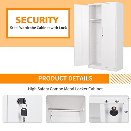 MIIIKO Steel Cabinet Wardrobe, Metal Locker Cabinet with Hanging Rod, Metal Clothing Locker Storage for Home, Office, Garage and Changing Room