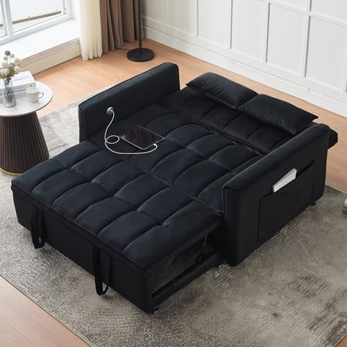 Modern 3 in 1 Convertible Sleeper Sofa Couch Bed with USB, Adjustable Backrest Velvet Pull Out Sofa Bed, Loveseat Sleeper Couch