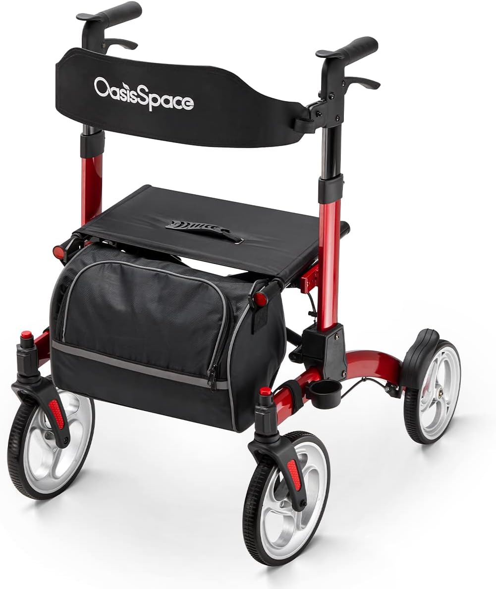 OasisSpace Upgrade Rollator Walker with Seat, Ultra Folding Rollator Walker for Seniors, Rolling Mobility Walking Aid Walker with Gear Wheel, Red
