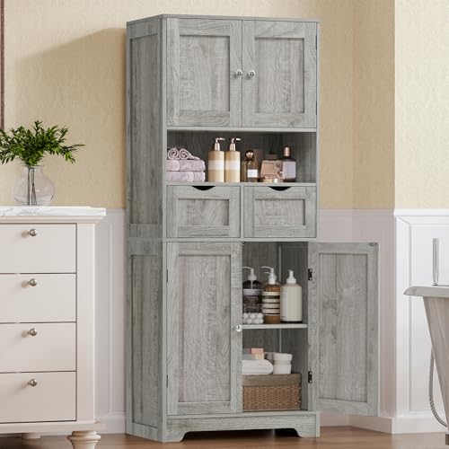 57.8“H Tall Bathroom Cabinet, Storage Cabinet with 2 Drawers & 2 Adjustable Shelves, Bathroom Storage Cabinet with 4 Doors