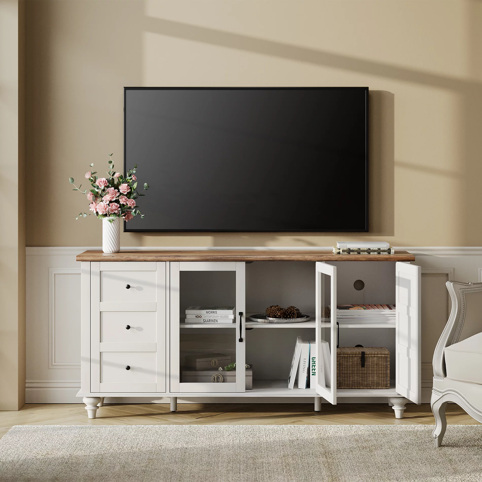 WAMPAT 4-Door Farmhouse TV Stand for TVs Up to 65 inch,Glass and Wood Universal TV Stand with 4 Storage Cabinets