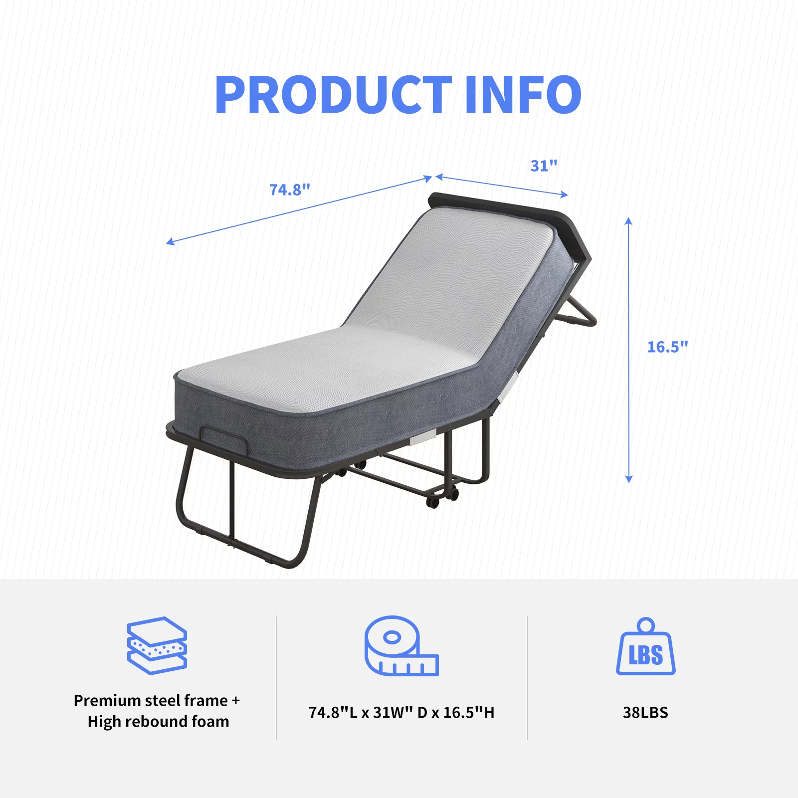 ZAFLY Folding Bed with Mattress, Portable Bed, Foldable Bed with High Resilient Foam Mattress