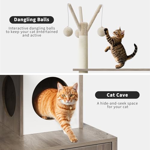 57.5-Inch Cat Tree with Litter Box Enclosure 2-in-1 Modern Cat Tower with Cat Condo/Hammock/Scratching Post/Plush Perch/Removable Pompom Sticks/Caves