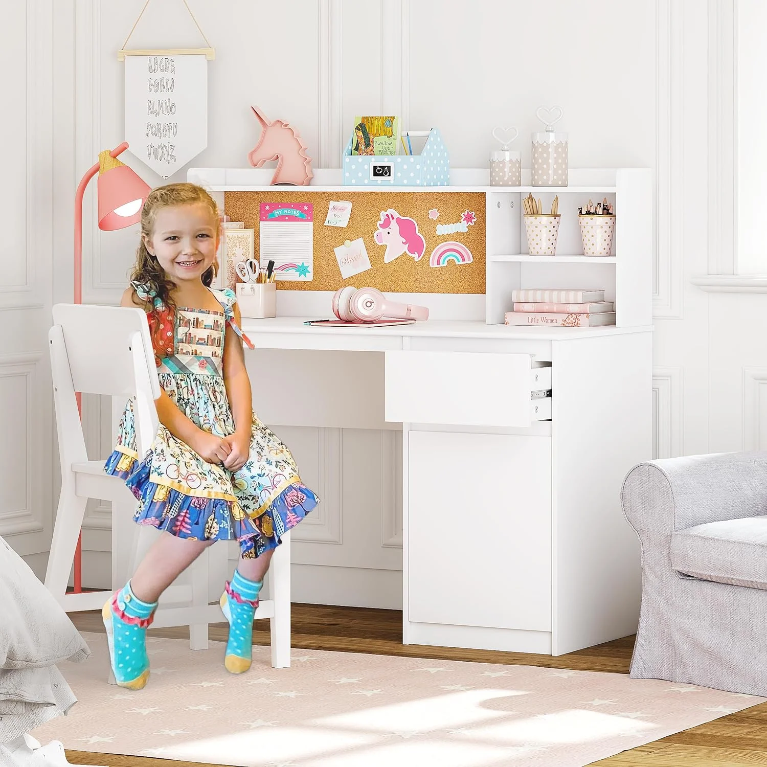 Spirich Kids Study Desk with Chair, Kids Desk and Chair Sets with Hutch and Storage Cabinet, Wooden Children Study Table
