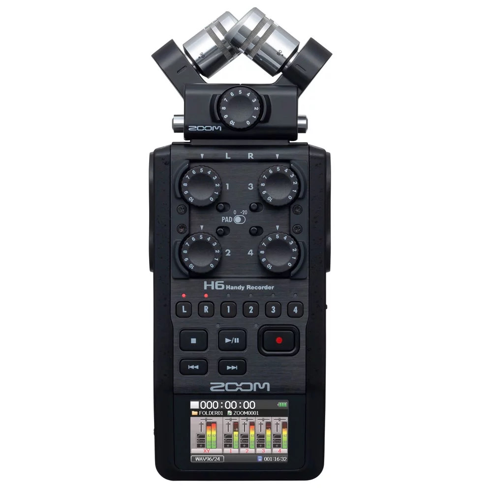 Zoom H6 All Black 6-Input /6-Track Portable Handy Recorder with Single Mic Capsule + Headphones + Dynamic Microphone + 32GB Memory Card + Batteries