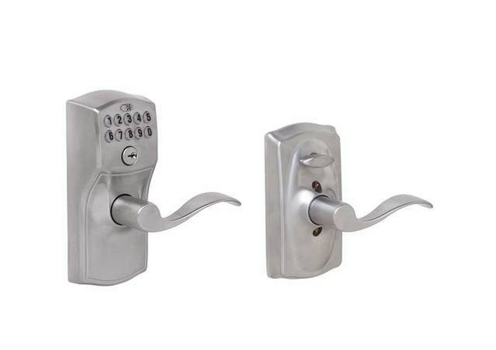 Schlage FE595 CAM/ACC Camelot Keypad Flex-Lock Entry Leverset with Accent Lever Satin Chrome