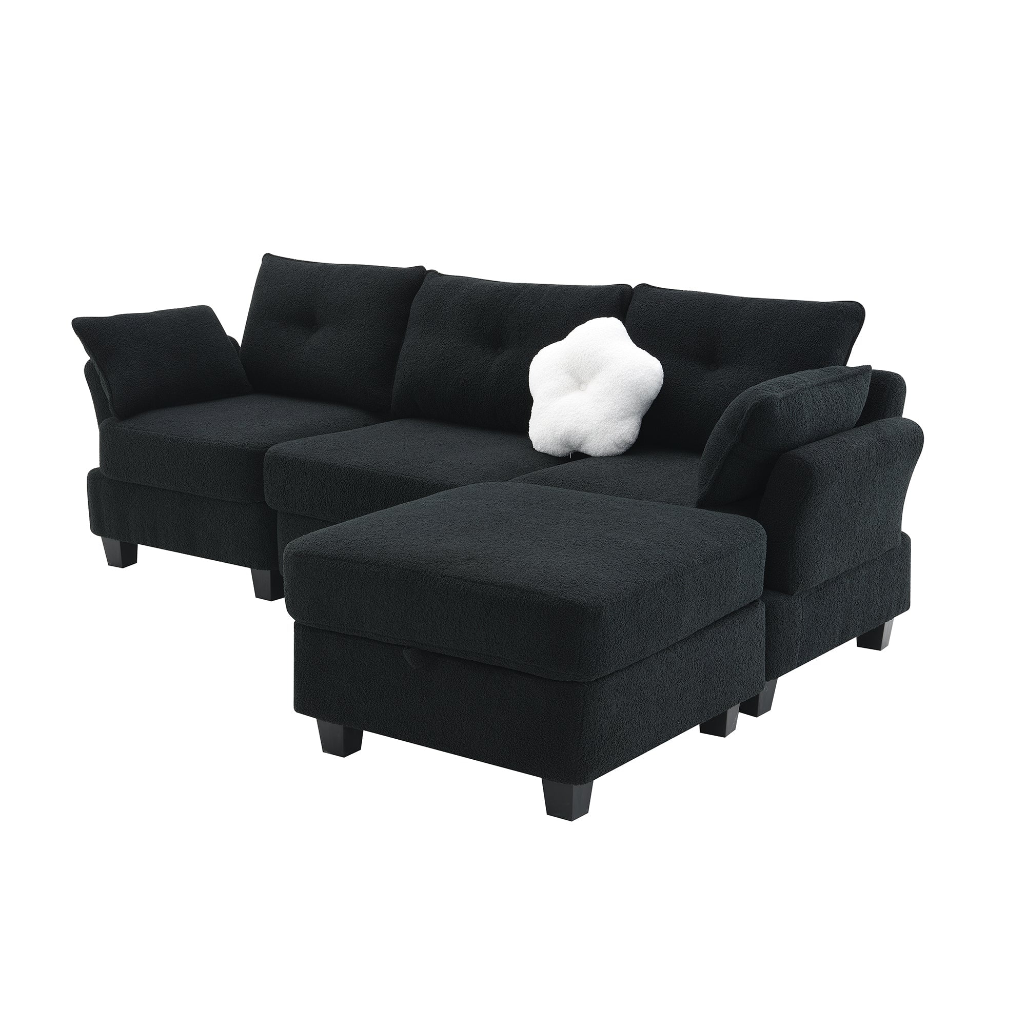 Fayen Velvet Sectional Sofa with Storage Ottoman - Black
