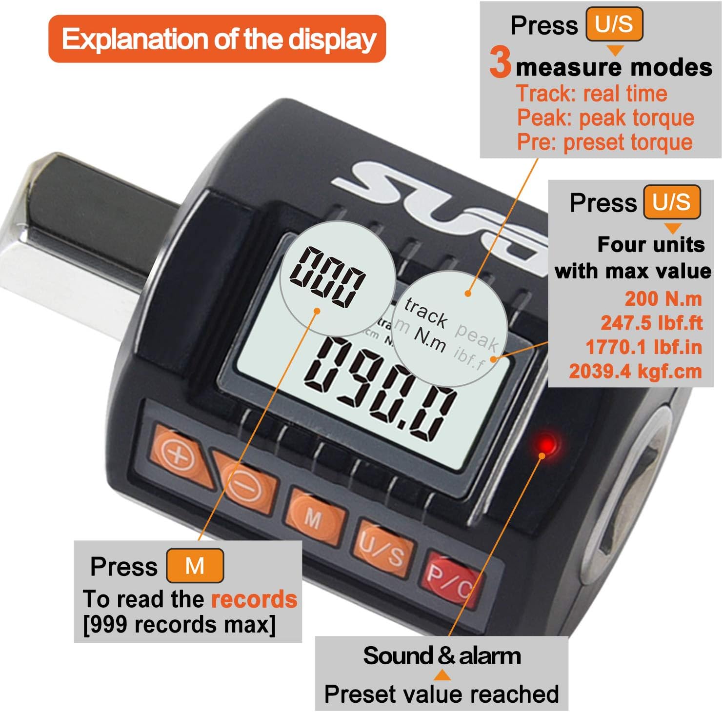 Digital Torque Adapter 200Nm- 1/2” Drive (14.75 to 147.5ft-lbs.) with Buzzer and Backlight Function (Accurate to 2%) Calibrated