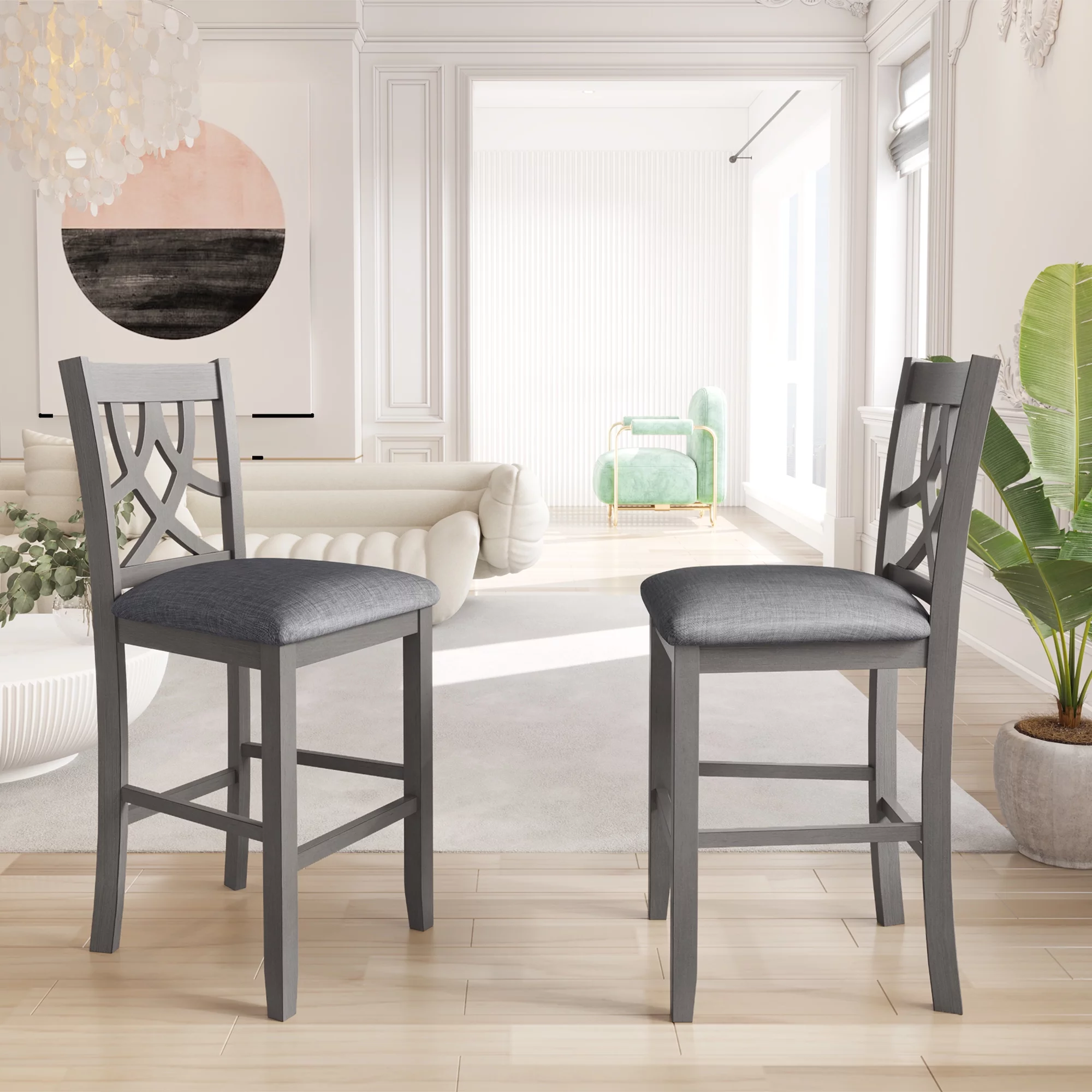 3 Piece Kitchen Nook Dining Table Set, Wooden Drop Leaf Table and 2 Dining Chairs, Counter Height Dining Set with Storage, Gray, D8315