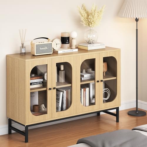 Luoxiao Sideboard Buffet Cabinet with Storage 47" Modern Storage Cabinets with Glass Doors and Adjustable Shelves Accent Wood Credenza for Living