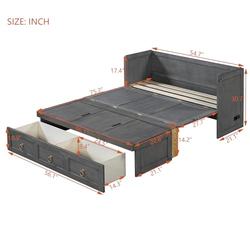 Harper & Bright Designs Full Size Murphy Bed Wall Bed, Solid Pine Murphy Bed Chest Cube Cabinet Bed with USB