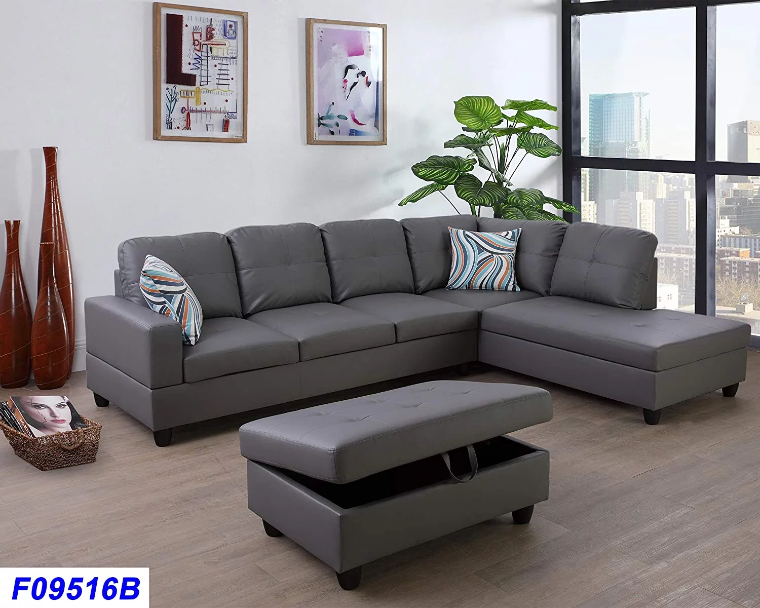 Cazenovia 103.50" Wide Dark Grey F09516B Faux Leather Sectional with Ottoman Right Hand Facing
