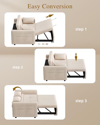 DWVO 55" Convertible Sofa Bed, 3-in-1 Sleeper Sofa with Pull-Out Bed, Linen Futon Couch with Adjustable Backrest and Side Pocket