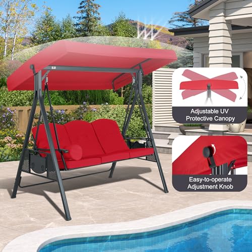 PURPLE LEAF Outdoor Patio Porch Swing with Adjustable PVC Canopy, 3-seat Swing Chair Bench with Side Cup Holder for Backyard Front Porch Lawn