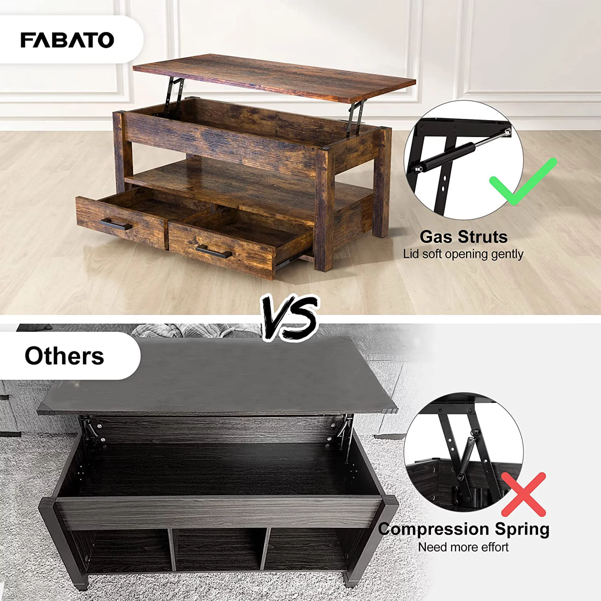 FABATO 23 In Lift Top Rustic Open Storage Coffee Table w/ 2 Drawers, Brown
