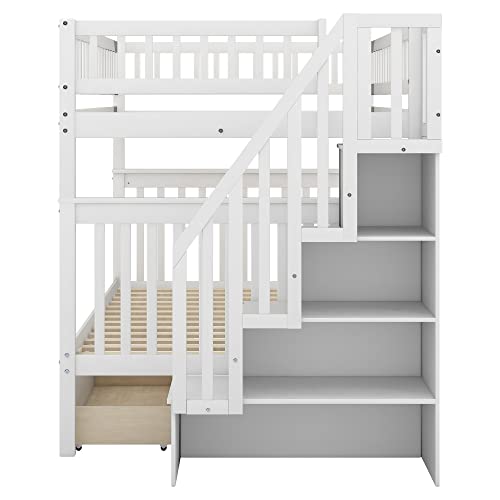 Harper & Bright Designs Twin Size Loft Bed with L-Shaped Desk and Stairs, Solid Wood Loft Bed Frame with Storage Drawers and Bookcase