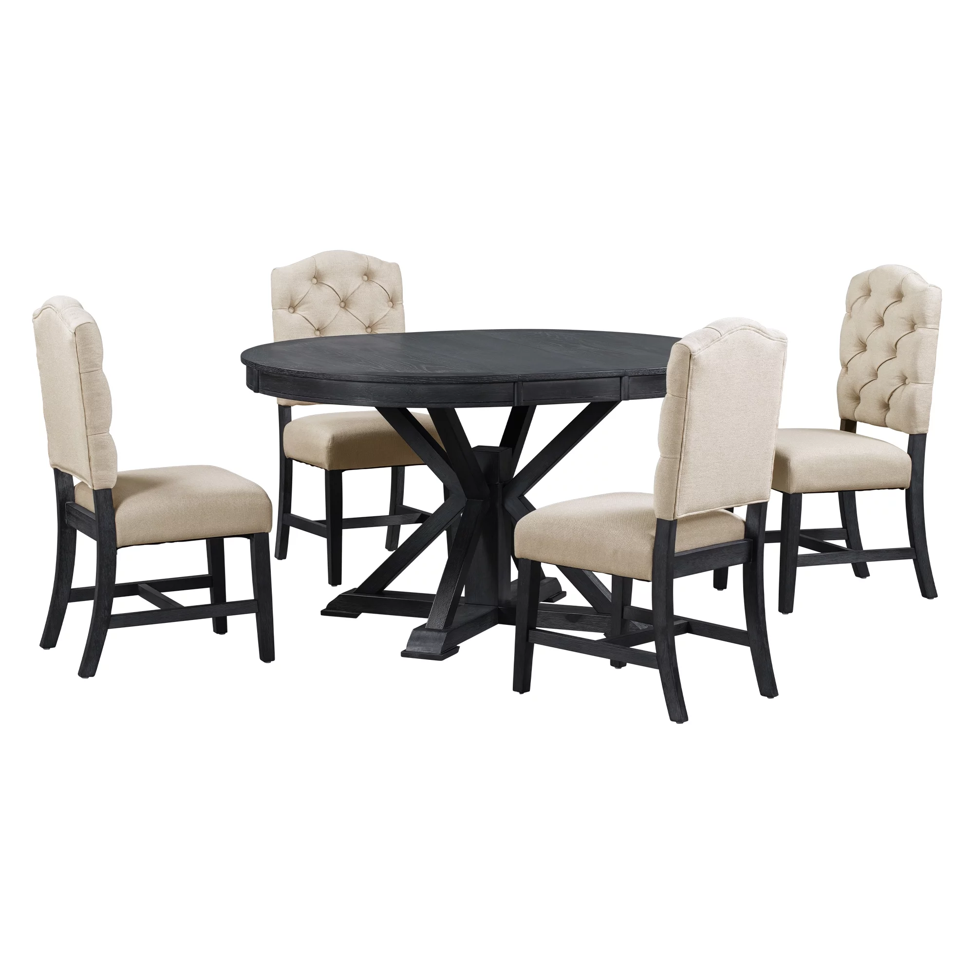 5 Piece Round Dining Table Set, Dining Room Set with Extendable Table and 4 Upholstered Chairs, Wooden Dining Table Set for 4