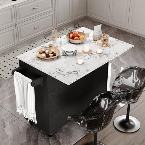 4 EVER WINNER Rolling Island with Storage and Drop Leaf, Marble Tabletop, Kitchen Carts on Wheels with Towel Rack & Spice Rack