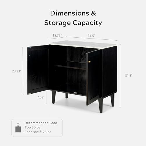 Black Storage Cabinet, Sideboard Buffet Cabinet Modern Accent Cabinet with Faux Marble Top & Adjustable Shelves, Wooden Credenza