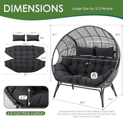 NICESOUL® Double Egg Chair Indoor Outdoor Stationary Oversized Thicken Padded Cushions, 2 Person Egg Loveseat Chair
