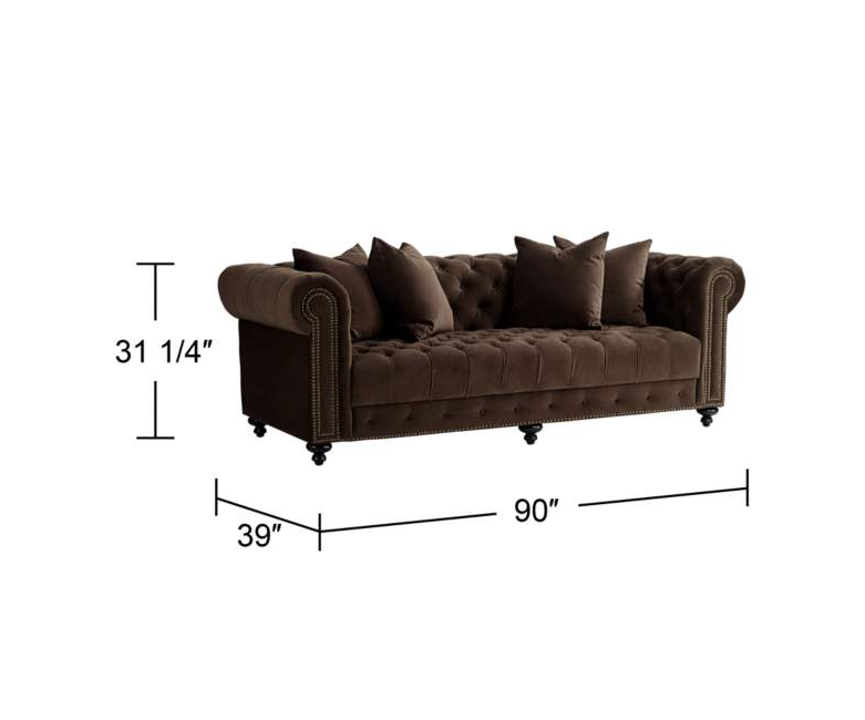Jules 90"W Chocolate Brown Velvet Tufted Chesterfield Sofa