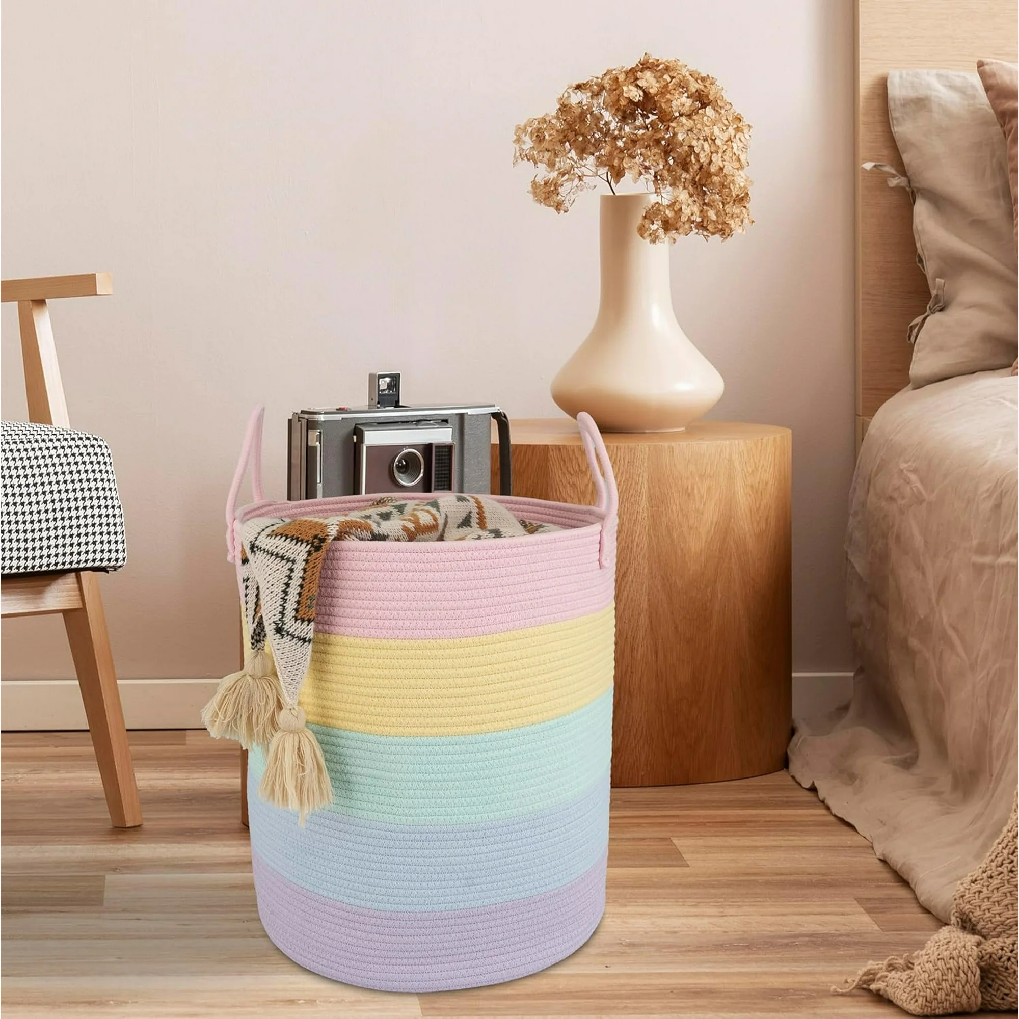 WarmHaven Rope Laundry Basket Hamper for Kids Girl Woven Storage Basket for Living Room Bedroom Boho Tall Baskets for Blanket Toys Pillow Towels Baby
