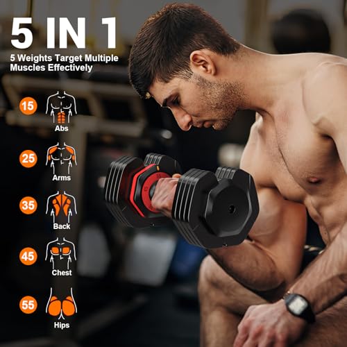 Adjustable Dumbbells Set of 2, 1-Sec Adjustable Weights Dumbbells Set, 5 in 1 Free Dumbbell with Anti-Slip Texture Handle