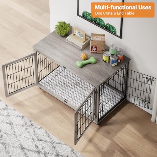 Lulive Dog Crate Furniture for Medium Dogs, 32'' Dog Kennel Indoor with Cushion & Wheels Wooden Dog Cage Double Doors Dog Crate End Table, Grey