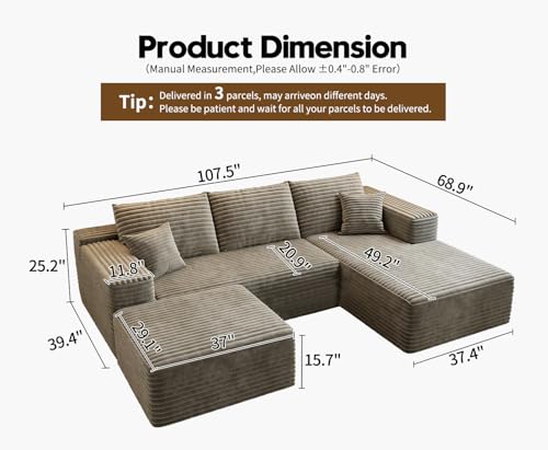 107.5" Cloud Modular Sectional Sofa with 1 Ottoman,Modern Minimalist Upholstered Couches, Comfort U Shaped Sofa for Living Room