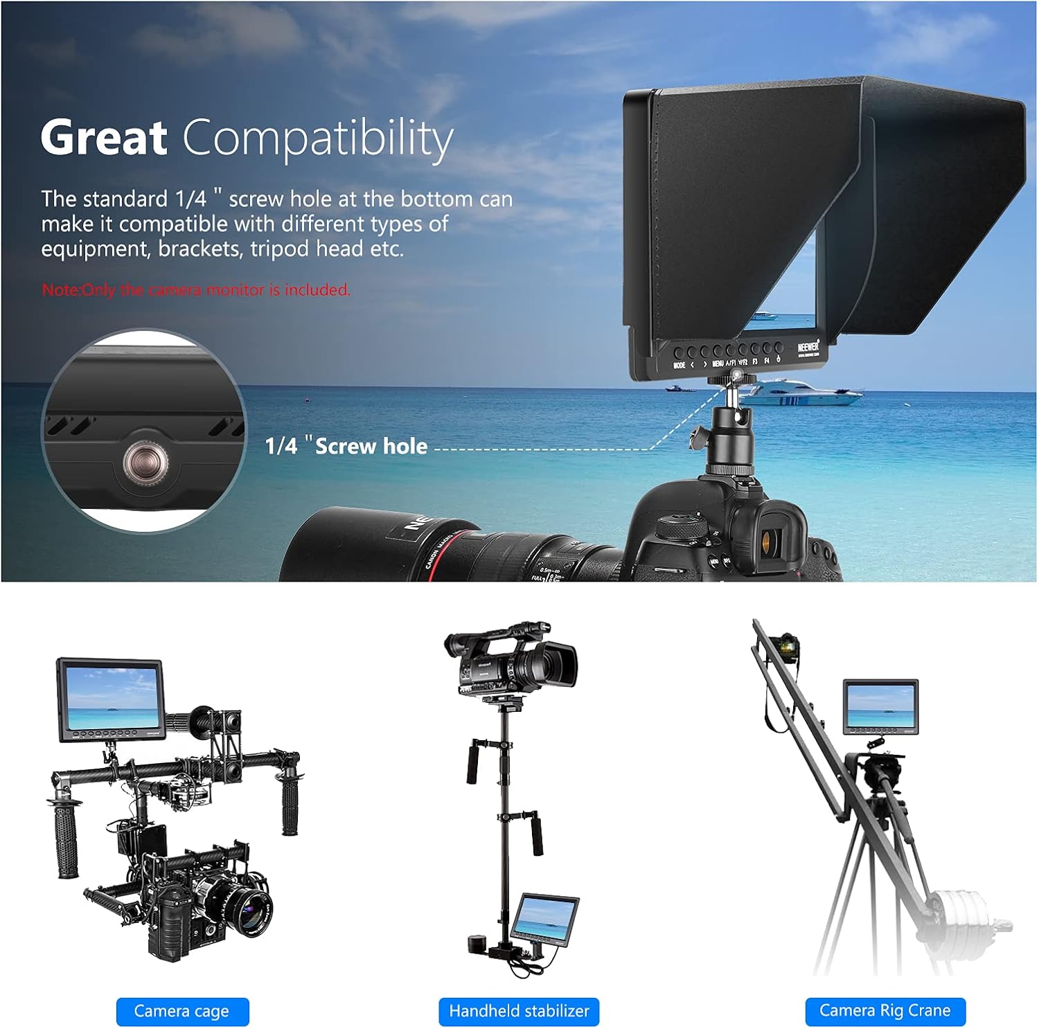 Neewer F100 7inch Camera Field Monitor HD Video Assist IPS 1280x800 4K HDMI Input 1080p with Sunshade and Ball Head for DSLR Cameras