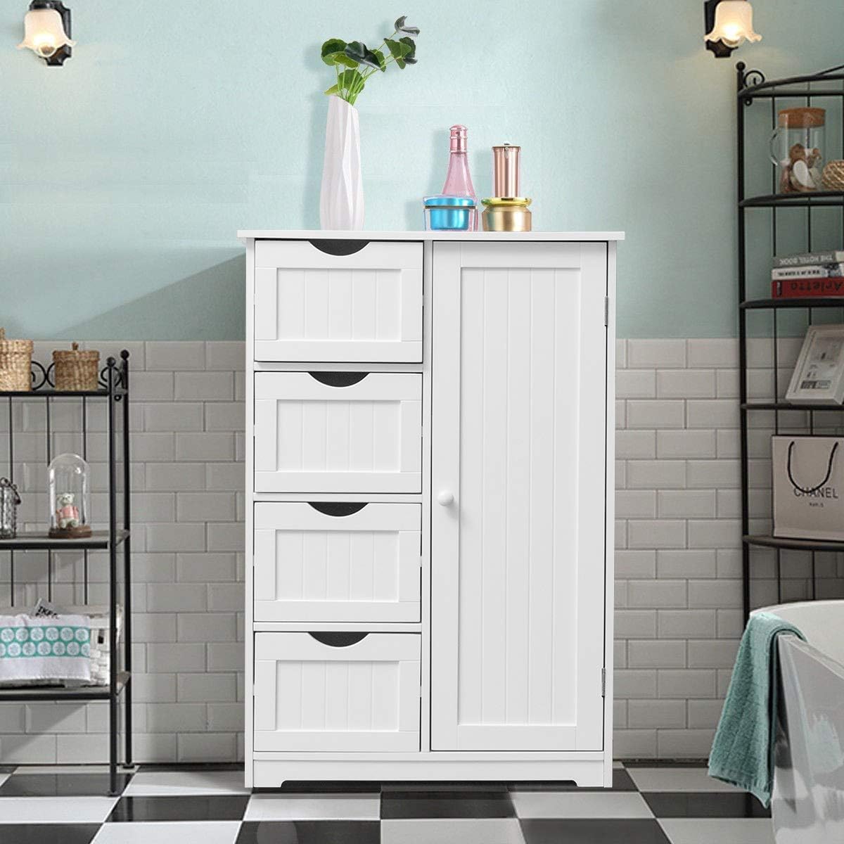 WATERJOY Storage Cabinet,Standing Wooden Cabinet with 4 Drawers Floor Cabinet and 1 Door with 2 Layers Storage Shelf,Bathroom Storage Cabinet
