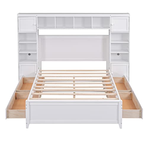 SOFTSEA Full Murphy Bed Wall Beds, Wood White Cabinet Bed 61.5” Foldable Platform Bed with Shelf for Guest Room