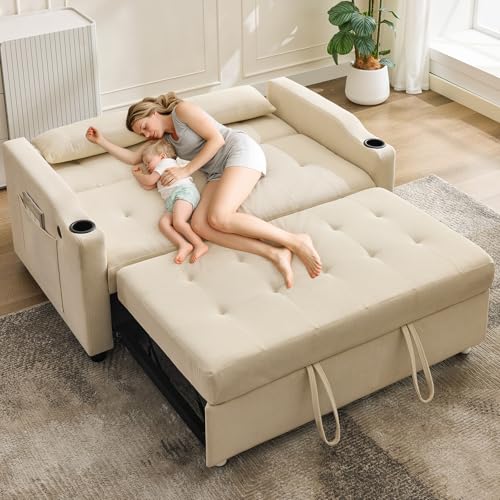 GarveeHome 3 in 1 Convertible Sleeper Sofa Bed, Corduroy Futon Couches with Pull-Out Bed, Adjustable Backrest, Charging Port & Side Pockets
