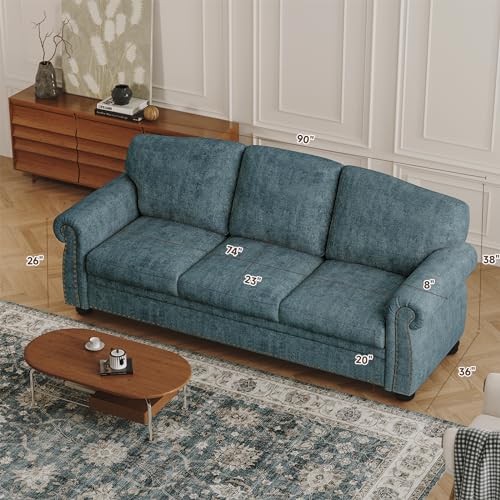 90 Inch Nailhead Trim Couch for Living Room, 23 Inch Deep Seat Rolled Arm Sofa, Comfy Upholstered 3 Seater Chenille Couch w/Wooden Leg