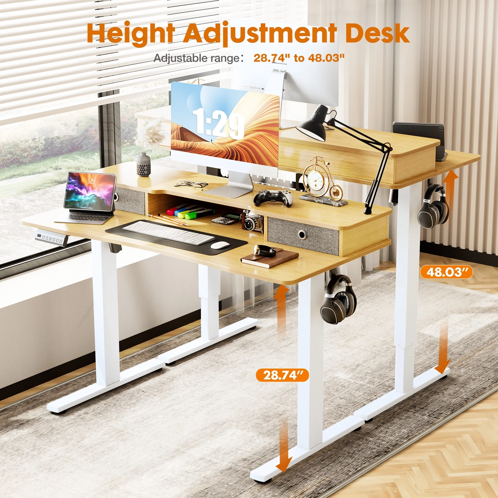 CoSoTower Home Office Height Adjustable Electric Standing Desk with Storage Shelf Double Drawer