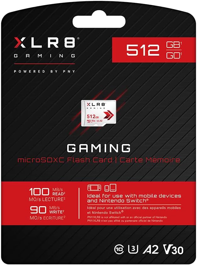 PNY XLR8 512GB Gaming Class 10 U3 V30 microSDXC Flash Memory Card - 100MB/s, Class 10, U3, V30, A2, 4K UHD, Full HD, UHS-I, Micro SD Pack of 2