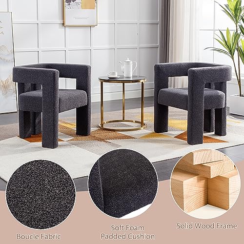 Modern Boucle Dining Chair Set of 4, Sherpa Barrel Accent Chairs Upholstered Armchair Comfy Side Chair for Kitchen Living Room Reception (Green