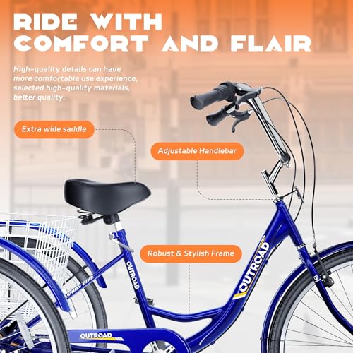 7-Speed Adult Tricycle with Large Basket 24/26 Inch, Stable 3-Wheel Cruise Bicycle for Shopping, Beach and City Trike Perfect for Men, Women