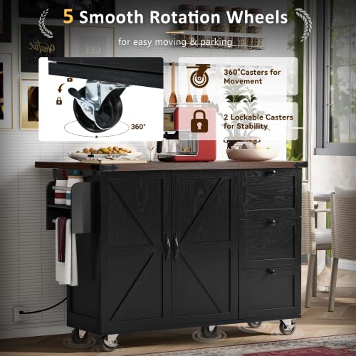 Bellemave Kitchen Island with Storage Cabinet on Wheels, 53.5'' Mobile Kitchen Cart with Power Outlet, Drop Leaf, Spice/Towel Rack and Drawer